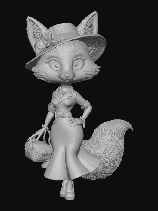 3D model for A 3D image of a chibi-style 
tall, thin female fox dressed in 1940's attire, elegant pose, highly stylized, thick and bold details, white background.