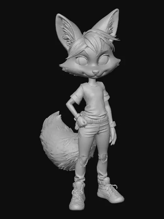 3D model for A 3D image of a chibi-style 
tall, thin female fox dressed in 2010's casual attire, casual pose, highly stylized, thick and bold details, white background.