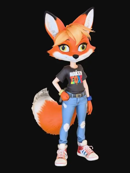 3D model for A 3D image of a chibi-style 
tall, thin female fox dressed in 2010's casual attire, casual pose, highly stylized, thick and bold details, white background.
