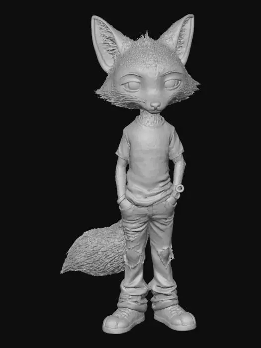 3D model for A 3D image of a chibi-style 
tall, thin male fox dressed in 2010's casual attire, casual pose, highly stylized, thick and bold details, white background.