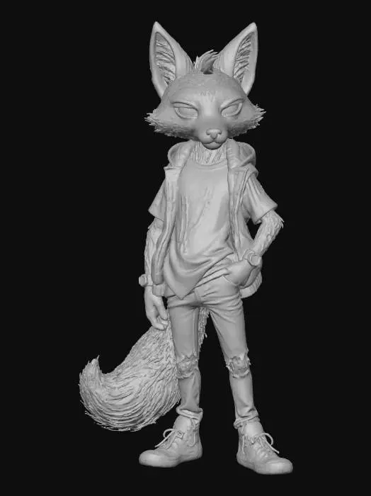 3D model for A 3D image of a chibi-style 
tall, thin male fox dressed in 2020's casual attire, casual pose, highly stylized, thick and bold details, white background.