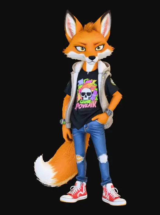 3D model for A 3D image of a chibi-style 
tall, thin male fox dressed in 2020's casual attire, casual pose, highly stylized, thick and bold details, white background.