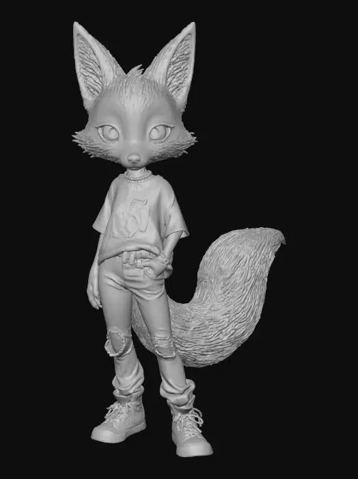 3D model for A 3D image of a chibi-style 
tall, thin female fox dressed in 2020's casual attire, casual pose, highly stylized, thick and bold details, white background.