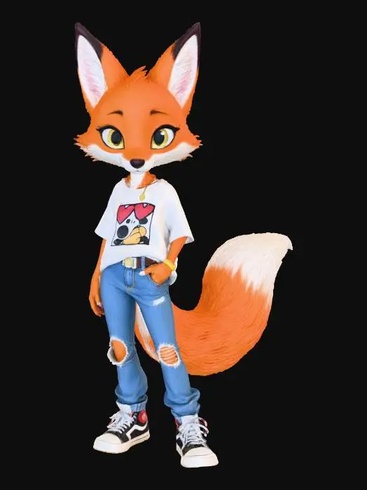 3D model for A 3D image of a chibi-style 
tall, thin female fox dressed in 2020's casual attire, casual pose, highly stylized, thick and bold details, white background.
