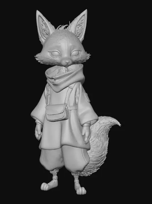 3D model for A 3D image of a chibi-style 
tall, thin female fox dressed in 2200's futuristic casual attire, earth tones, natural fibers, no tech, loose fitting smocks, casual pose, highly stylized, thick and bold details, cute features including large eyes, small mouth and nose, highly textured, white background.