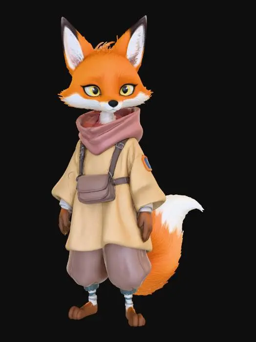 3D model for A 3D image of a chibi-style 
tall, thin female fox dressed in 2200's futuristic casual attire, earth tones, natural fibers, no tech, loose fitting smocks, casual pose, highly stylized, thick and bold details, cute features including large eyes, small mouth and nose, highly textured, white background.