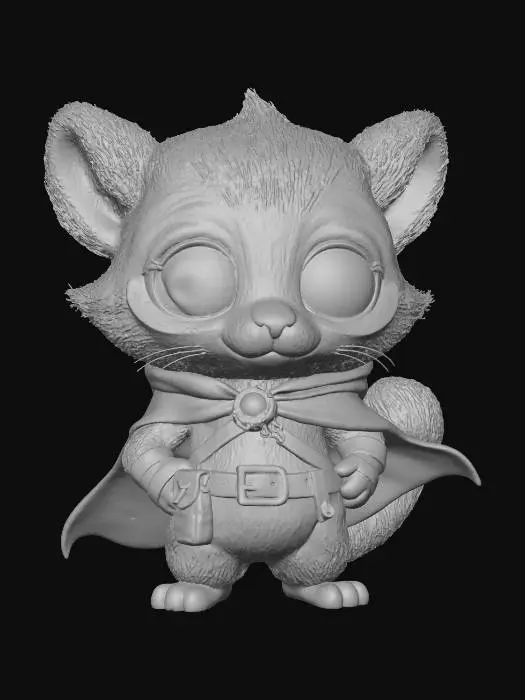 3D model for A 3D image of a chibi-style Dungeons & Dragons lemur adventurer, heroic pose, highly stylized, thick and bold details, cute features including large eyes, small mouth and nose, highly textured, green background.