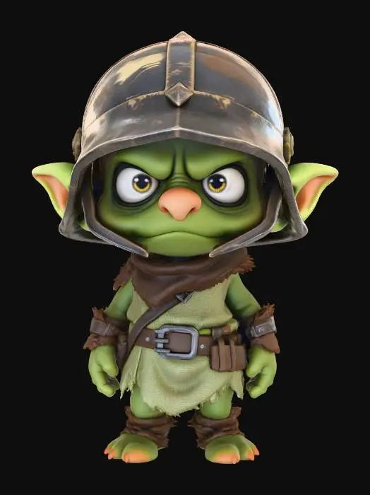 3D model for A 3D image of a chibi-style cute goblin guard wearing an oversized helmet that coverts his eyes and a dirty tunic, skinny legs, long arms, large head, silly expression, cute features including large eyes, small mouth and large nose, green complexion, highly stylized, thick and bold details, highly textured, white background.