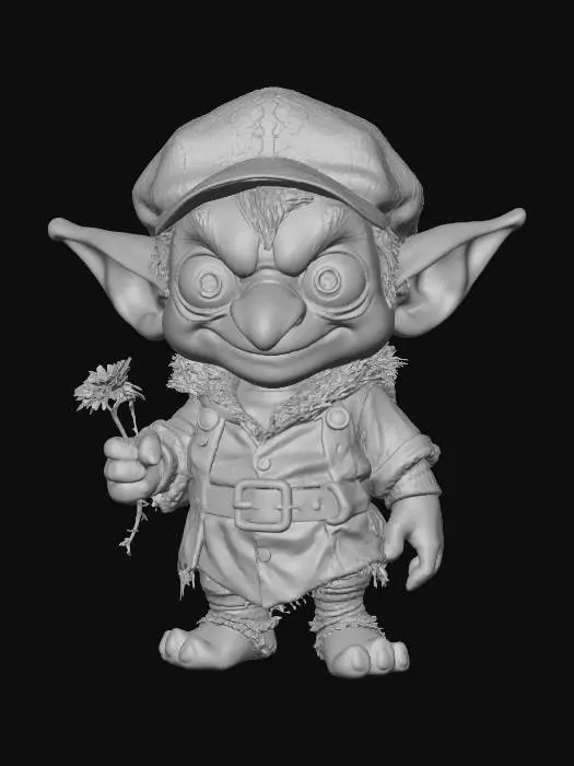 3D model for A 3D image of a chibi-style goblin with large bulging eyes, a big nose, an greenish skin. He is wearing a stocking cap and an oversized tunic, stockings, and a wide leather belt. In one hand he is holding a wilted daisy. Highly stylized, highly detailed with bold and thick details optimized for 3D printing. White background. Well lit.