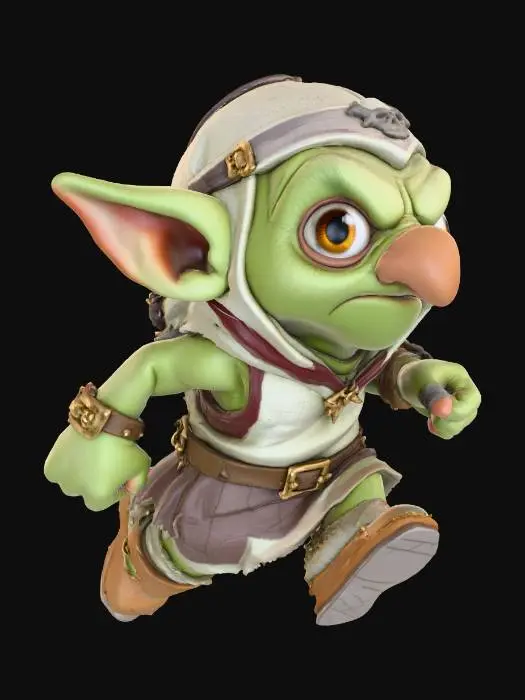 3D model for A 3D image of a chibi-style goblin with large bulging eyes, a big nose, an greenish skin.  He is wearing a skullcap and an oversized tunic, running. Highly stylized, highly detailed with bold and thick details optimized for 3D printing. White background. Well lit.