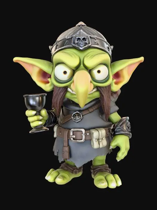 3D model for A 3D image of a chibi-style awkward goblin squire with large bulging eyes, a big nose, an greenish skin, long legs, knobby knees, long arms. He is wearing a skullcap and an oversized tunic, holding a goblet. Highly stylized, highly detailed with bold and thick details optimized for 3D printing. White background. Well lit.