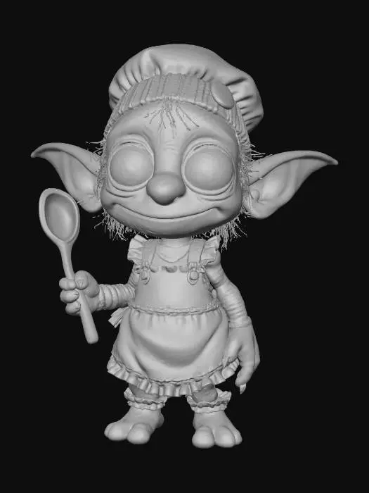 3D model for A 3D image of a chibi-style skinny goblin cook with large bulging eyes, a big nose, an greenish skin, long legs, knobby knees, long arms.  She is wearing a knitted cap and an oversized frilly apron, holding a wooden spoon. Highly stylized, highly detailed with bold and thick details optimized for 3D printing. White background. Well lit.