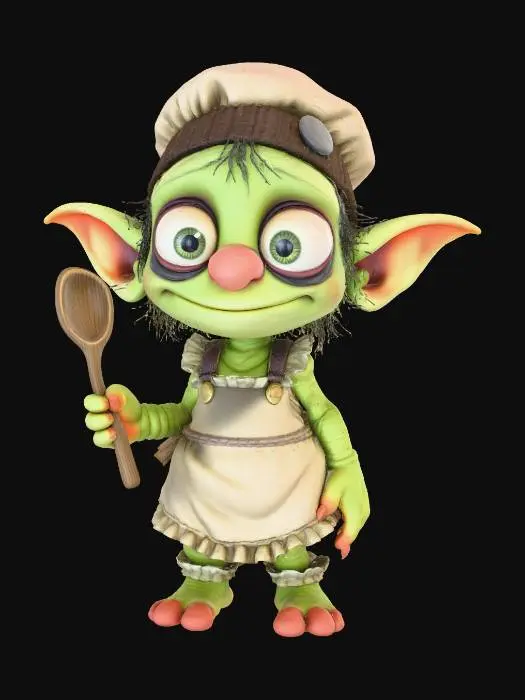 3D model for A 3D image of a chibi-style skinny goblin cook with large bulging eyes, a big nose, an greenish skin, long legs, knobby knees, long arms.  She is wearing a knitted cap and an oversized frilly apron, holding a wooden spoon. Highly stylized, highly detailed with bold and thick details optimized for 3D printing. White background. Well lit.