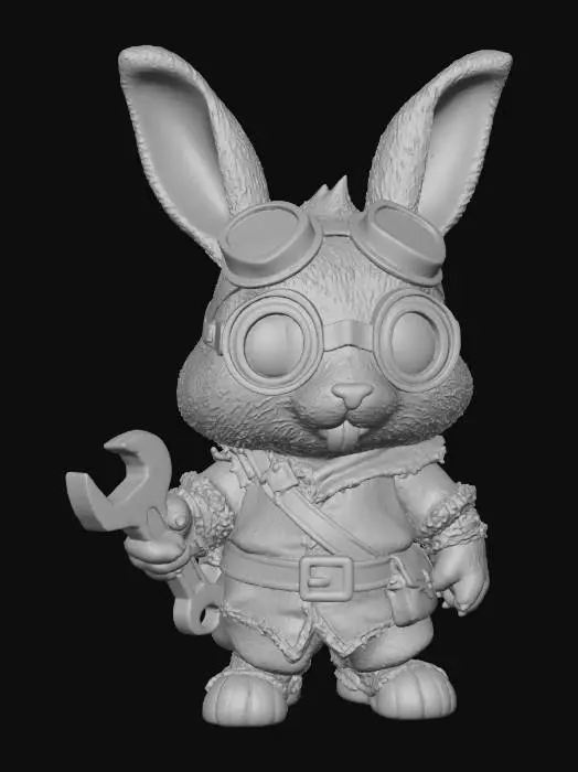 3D model for A 3D image of a chibi-style Dungeons & Dragons rabbit wearing medieval peasant clothing and holding a wrench in one hand, buck teeth showing, wearing a set of goggles, highly stylized, thick and bold details, solid background color.