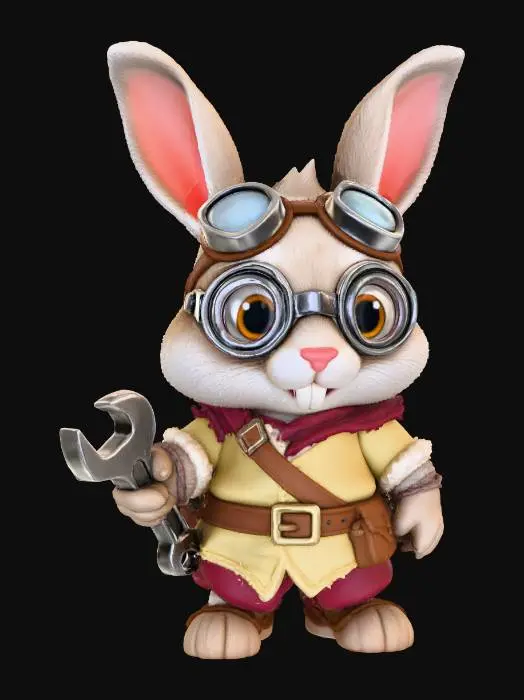3D model for A 3D image of a chibi-style Dungeons & Dragons rabbit wearing medieval peasant clothing and holding a wrench in one hand, buck teeth showing, wearing a set of goggles, highly stylized, thick and bold details, solid background color.