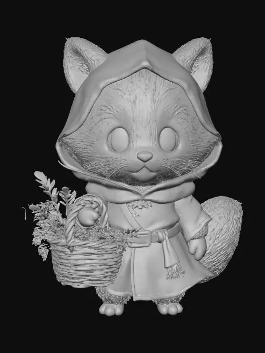 3D model for A 3D image of a chibi-style raccoon wearing medieval peasant robes and carrying a basket full of herbs, highly stylized, thick and bold details, solid background color.