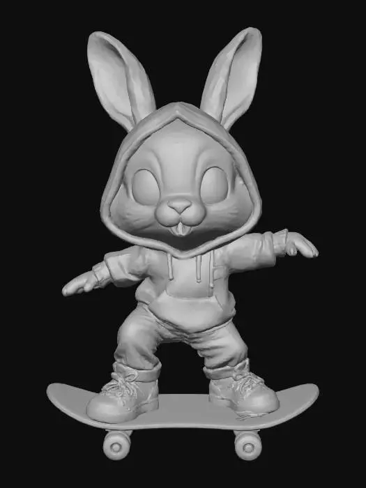 3D model for A 3D image of a chibi-style rabbit wearing jeans, sneakers, and a gray hoodie riding a skateboard, arms out to the side, knees bent, highly stylized, thick and bold details, solid background color.