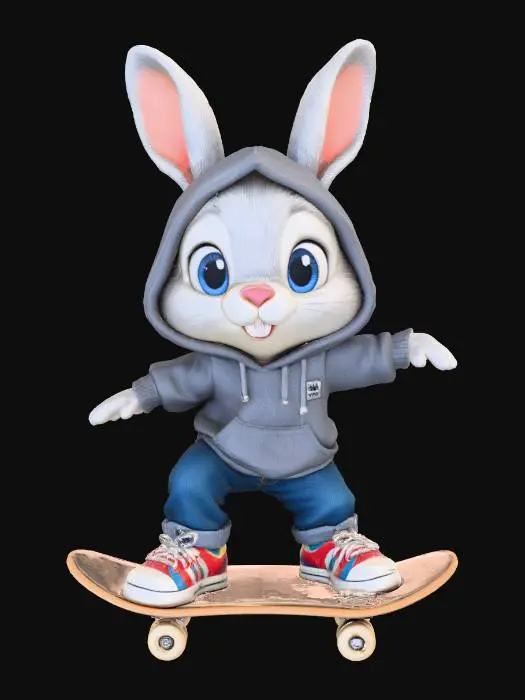 3D model for A 3D image of a chibi-style rabbit wearing jeans, sneakers, and a gray hoodie riding a skateboard, arms out to the side, knees bent, highly stylized, thick and bold details, solid background color.