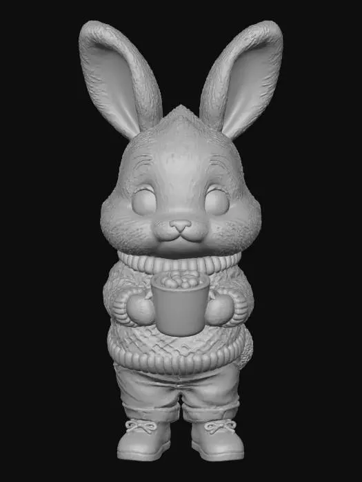 3D model for A 3D image of a chibi-style rabbit wearing a Christmas sweater, jeans, and boots, holding a mug of hot chocolate, highly stylized, thick and bold details, solid background color.