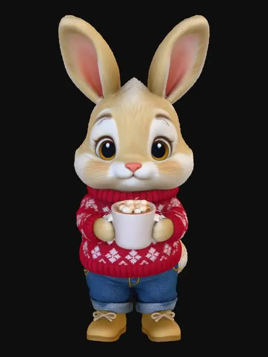 3D model for A 3D image of a chibi-style rabbit wearing a Christmas sweater, jeans, and boots, holding a mug of hot chocolate, highly stylized, thick and bold details, solid background color.