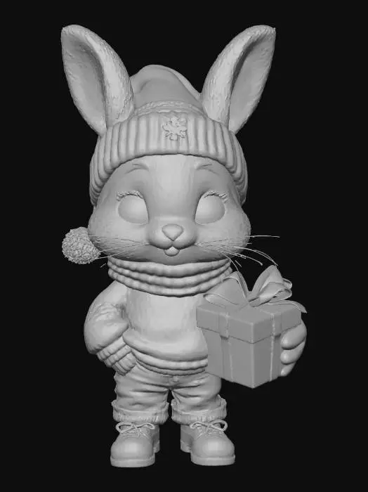 3D model for A 3D image of a chibi-style rabbit wearing a Christmas sweater, a winter hat jeans, and boots, holding a Christmas present, highly stylized, thick and bold details, solid background color.