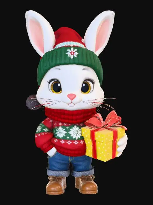 3D model for A 3D image of a chibi-style rabbit wearing a Christmas sweater, a winter hat jeans, and boots, holding a Christmas present, highly stylized, thick and bold details, solid background color.