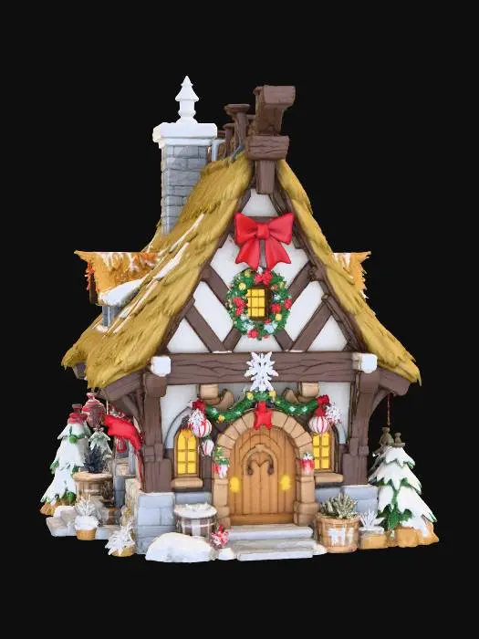 3D model for A 3D image of the exterior of a Dungeons & Dragons style village bakery, medieval style, simple quaint fantasy construction, decorated for the winter solstice, highly stylized, thick and bold details optimized for 3D printing, solid colored background.  #Christmas2025#