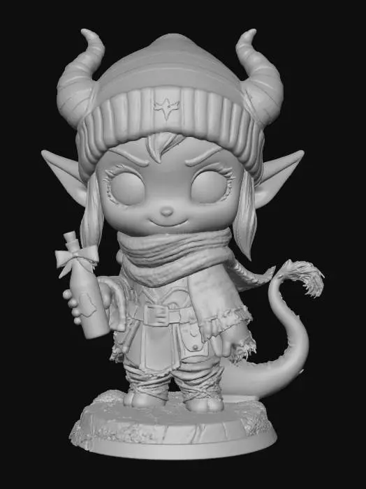 3D model for A 3D image of a chibi-style Dungeons & Dragons tiefling adventurer wearing a striped knitted stocking cap and scarf, standing on a round cobble-textured base, holding a bottle of wine with a red bow, cute features including large eyes, friendly smile, long reptilian tail, short curled horns, light lavender complexion, highly stylized, thick and bold details optimized for 3D printing, solid colored background.  #Christmas2025#