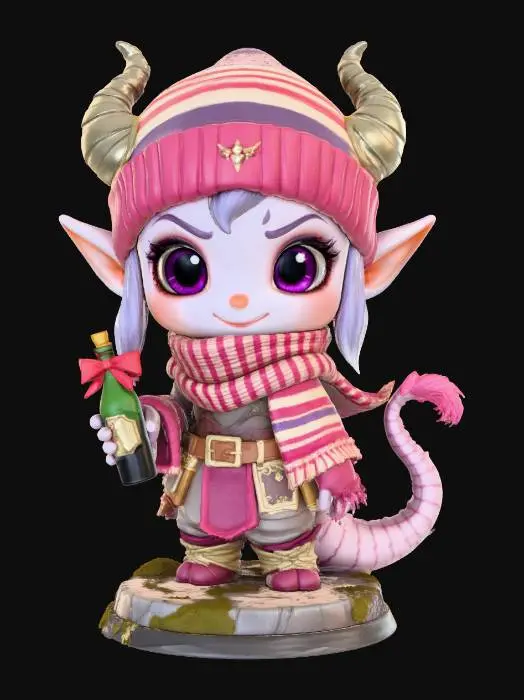 3D model for A 3D image of a chibi-style Dungeons & Dragons tiefling adventurer wearing a striped knitted stocking cap and scarf, standing on a round cobble-textured base, holding a bottle of wine with a red bow, cute features including large eyes, friendly smile, long reptilian tail, short curled horns, light lavender complexion, highly stylized, thick and bold details optimized for 3D printing, solid colored background.  #Christmas2025#