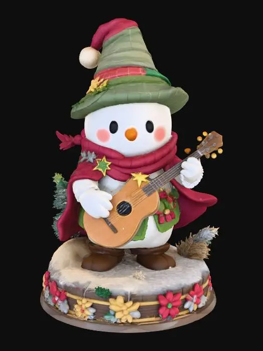 3D model for a 3D image of a chibi-style Dungeons & Dragons snowman bard, standing on a round holiday theme-base decorated with pine boughs and holly, highly stylized, thick and bold details optimized for 3D printing. , #Christmas2025#