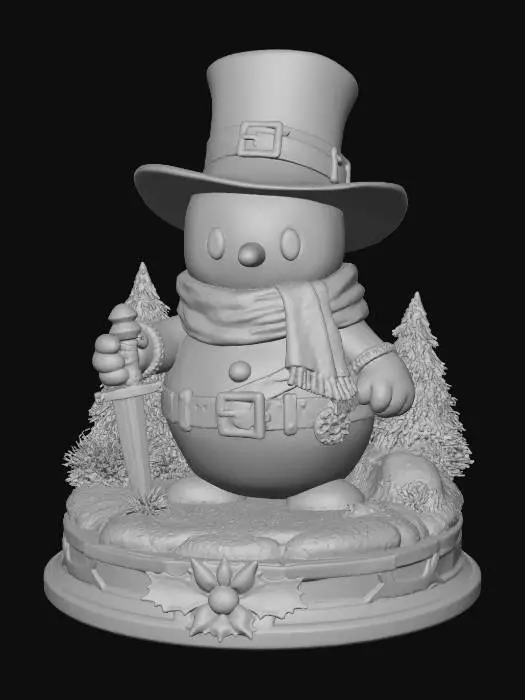 3D model for a 3D image of a chibi-style Dungeons & Dragons snowman adventurer, standing on a round holiday theme-base decorated with pine boughs and holly, highly stylized, thick and bold details optimized for 3D printing. , #Christmas2025#