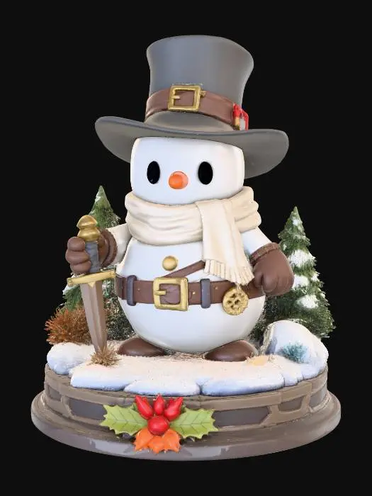 3D model for a 3D image of a chibi-style Dungeons & Dragons snowman adventurer, standing on a round holiday theme-base decorated with pine boughs and holly, highly stylized, thick and bold details optimized for 3D printing. , #Christmas2025#
