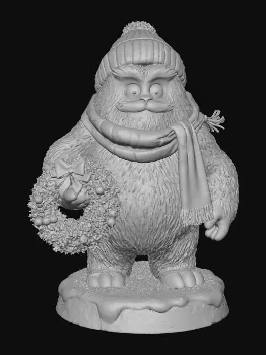 3D model for A 3D image of a Dungeons & Dragons white sasquatch adventurer wearing a knitted cap and a knitted scarf, holding a Christmas wreath, large eyes, friendly expression, standing on a round snowy base. Highly stylized, thick and bold details, solid colored background. , #Christmas2025#