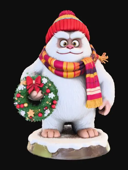 3D model for A 3D image of a Dungeons & Dragons white sasquatch adventurer wearing a knitted cap and a knitted scarf, holding a Christmas wreath, large eyes, friendly expression, standing on a round snowy base. Highly stylized, thick and bold details, solid colored background. , #Christmas2025#