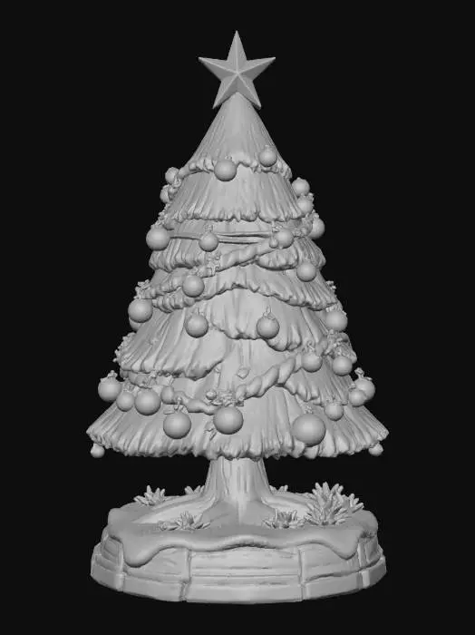 3D model for A 3D image of a toy-like pine tree decorated with a garland of nuts and berries, standing on a round, snow-covered base, highly stylized, thick and bold details optimized for 3D printing, solid colored background. , #Christmas2025#