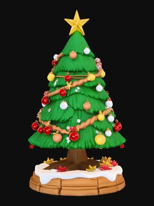 3D model for A 3D image of a toy-like pine tree decorated with a garland of nuts and berries, standing on a round, snow-covered base, highly stylized, thick and bold details optimized for 3D printing, solid colored background. , #Christmas2025#