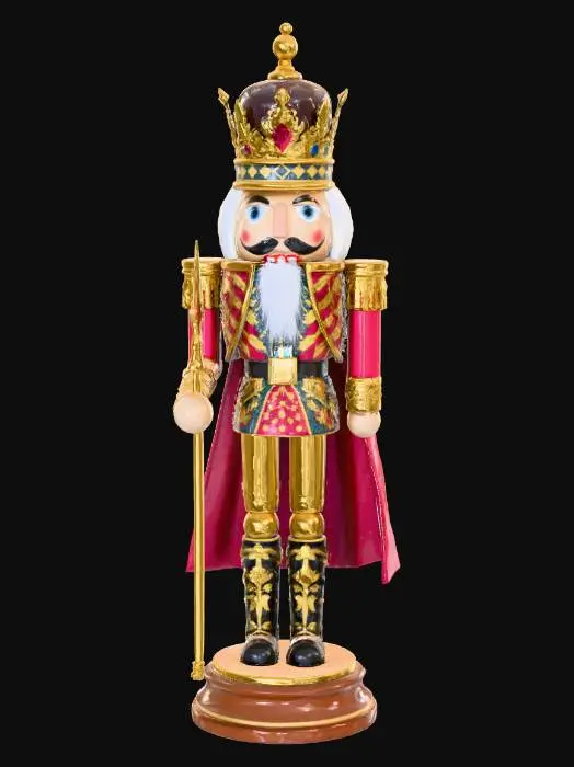 3D model for A 3D image of a Victorian Era nutcracker, very ornate, highly detailed, standing on a round, ornate wooden base, highly stylized, solid white background, #Christmas2025#