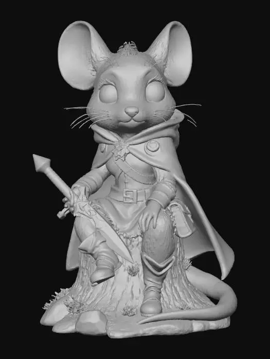 3D model for A 3D image of a female mouse, tawny and cream colored, large green eyes, wearing a patched red cape, leather boots, detailed medieval clothing, a leather satchel over her shoulder, an ornate dagger in her hand, sitting on a tree stump, highly stylized, highly detailed, thick and bold details optimized for 3D printing, solid colored background.