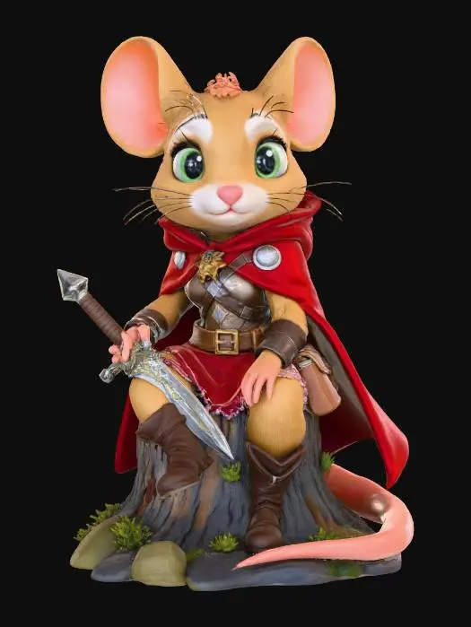 3D model for A 3D image of a female mouse, tawny and cream colored, large green eyes, wearing a patched red cape, leather boots, detailed medieval clothing, a leather satchel over her shoulder, an ornate dagger in her hand, sitting on a tree stump, highly stylized, highly detailed, thick and bold details optimized for 3D printing, solid colored background.