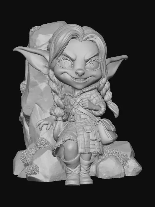 3D model for A 3D image of a chibi-style female goblin, tawny light green skin tone, large red eyes, coppery red hair braided into pigtails, wide mischievous smile revealing sharp teeth, wearing a patchwork coat with many pockets, leather boots, a leather satchel over her shoulder, leaning against a large mossy stone, highly stylized, highly detailed, thick and bold details optimized for 3D printing, solid colored background.