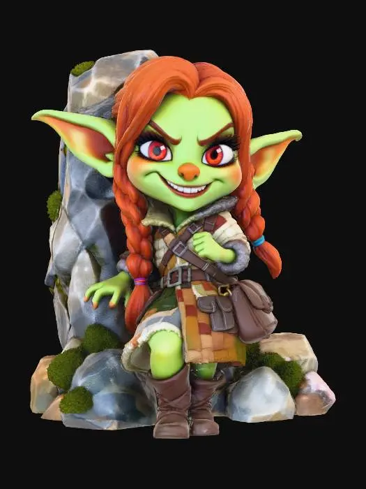 3D model for A 3D image of a chibi-style female goblin, tawny light green skin tone, large red eyes, coppery red hair braided into pigtails, wide mischievous smile revealing sharp teeth, wearing a patchwork coat with many pockets, leather boots, a leather satchel over her shoulder, leaning against a large mossy stone, highly stylized, highly detailed, thick and bold details optimized for 3D printing, solid colored background.