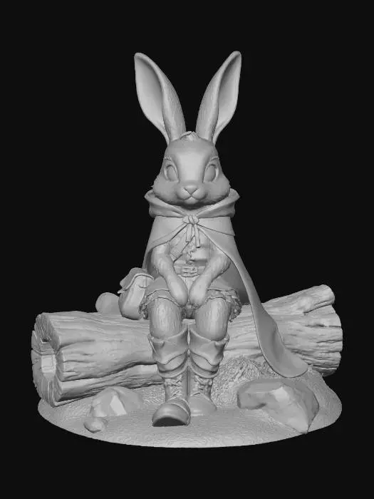 3D model for A 3D image of a female rabbit, tawny and cream colored, large blue eyes, wearing a patched blue cape, leather boots, detailed medieval peasant clothing, a leather satchel over her shoulder, sitting on a fallen log, highly stylized, highly detailed, thick and bold details optimized for 3D printing, solid colored background.