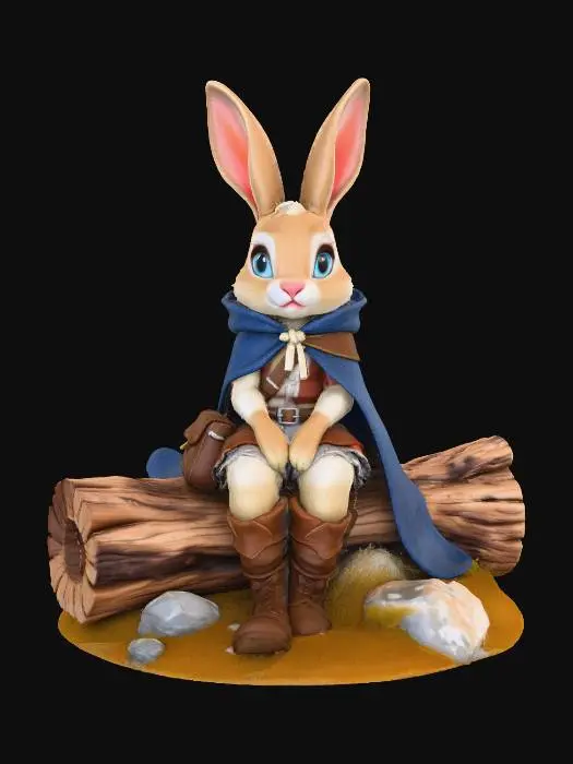 3D model for A 3D image of a female rabbit, tawny and cream colored, large blue eyes, wearing a patched blue cape, leather boots, detailed medieval peasant clothing, a leather satchel over her shoulder, sitting on a fallen log, highly stylized, highly detailed, thick and bold details optimized for 3D printing, solid colored background.