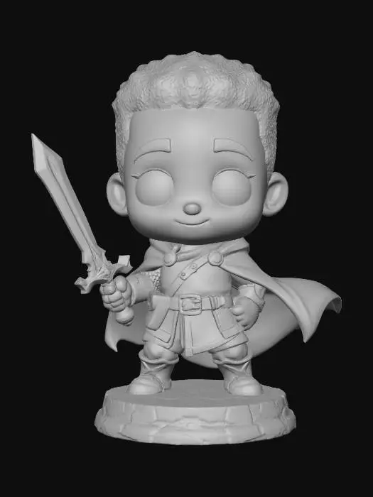 3D model for A 3D image of a chibi-style Dungeons & Dragons male African American adventurer wearing detailed medieval attire, large eyes, cute features, heroic pose, standing on a round cobblestone textured base, highly stylized, bold and thick details, solid colored background.