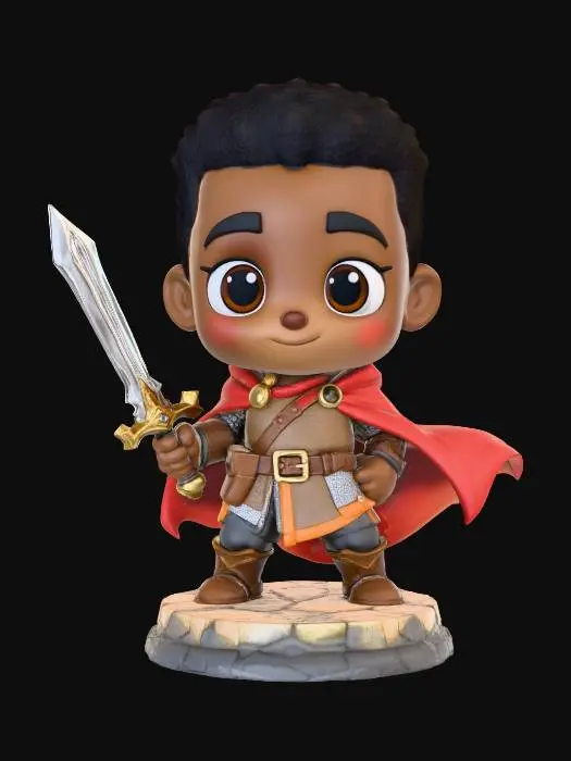 3D model for A 3D image of a chibi-style Dungeons & Dragons male African American adventurer wearing detailed medieval attire, large eyes, cute features, heroic pose, standing on a round cobblestone textured base, highly stylized, bold and thick details, solid colored background.