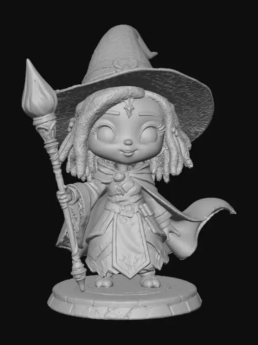 3D model for A 3D image of a chibi-style Dungeons & Dragons female African American wizard wearing detailed medieval attire, large eyes, cute features, heroic pose, standing on a round cobblestone textured base, highly stylized, bold and thick details, solid colored background.
