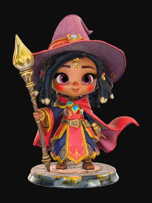 3D model for A 3D image of a chibi-style Dungeons & Dragons female African American wizard wearing detailed medieval attire, large eyes, cute features, heroic pose, standing on a round cobblestone textured base, highly stylized, bold and thick details, solid colored background.