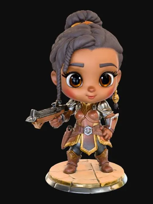 3D model for A 3D image of a chibi-style Dungeons & Dragons female African American ranger wearing detailed leather armor, holding a crossbow, large eyes, cute features, braided hair, heroic pose, standing on a round cobblestone textured base, highly stylized, bold and thick details, solid colored background.