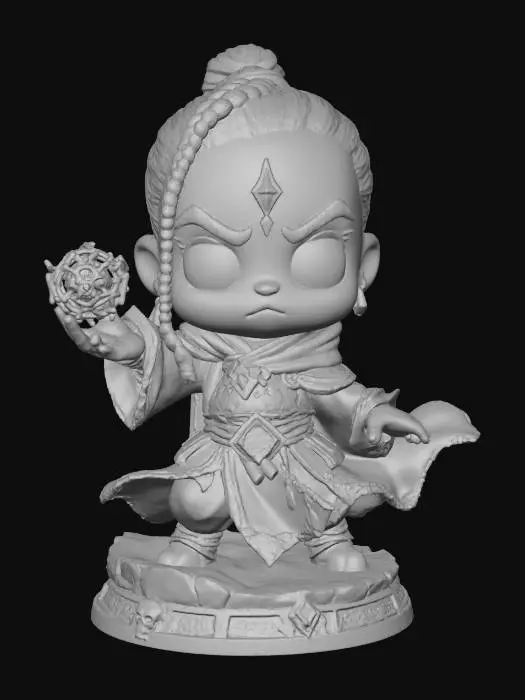 3D model for A 3D image of a chibi-style Dungeons & Dragons male African American necromancer wearing detailed robes, casting a complex spell, large eyes, cute features, braided hair, action pose, standing on a round necromancy themed base, highly stylized, bold and thick details, solid colored background.