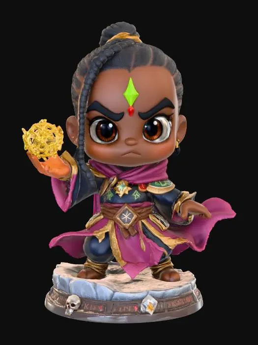 3D model for A 3D image of a chibi-style Dungeons & Dragons male African American necromancer wearing detailed robes, casting a complex spell, large eyes, cute features, braided hair, action pose, standing on a round necromancy themed base, highly stylized, bold and thick details, solid colored background.
